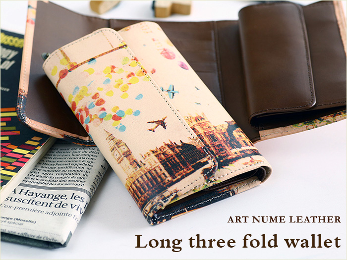 アートヌメレザーシリーズの長三つ折り財布「ノイジーロンドン」柄です。