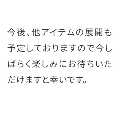今後、他アイテムの展開も予定しておりますので今しばらく楽しみお待ちいただけますと幸いです。