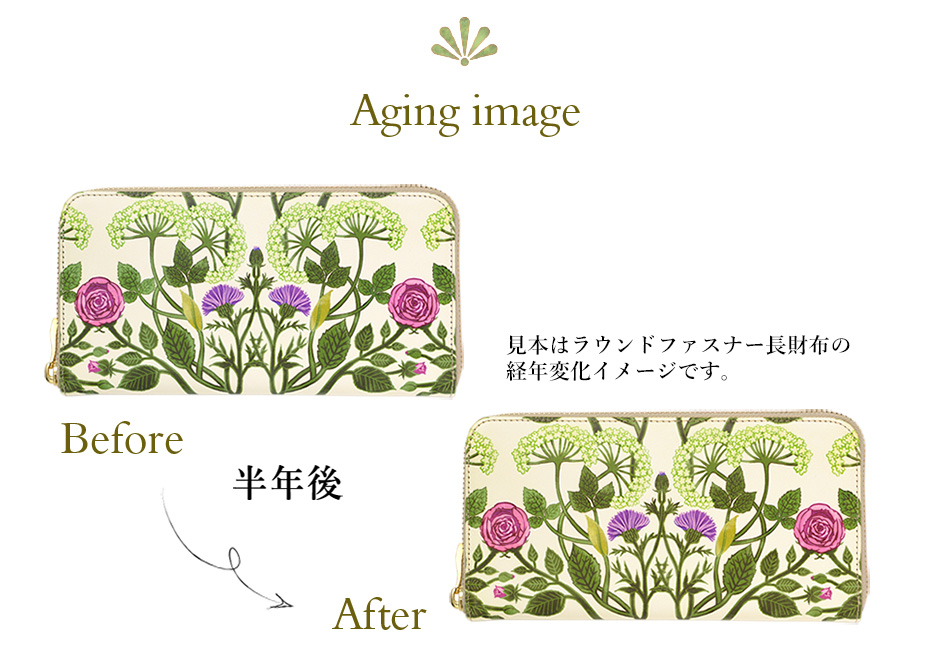 Aging image ラウンドファスナー長財布を半年使用した際の経年変化イメージ