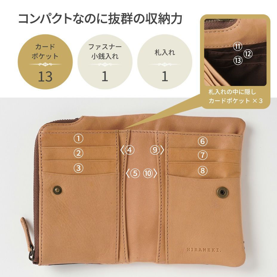 外側に付いた小銭入れは、L字に口が開くので、中の小銭が見やすく、お会計もスムーズです。