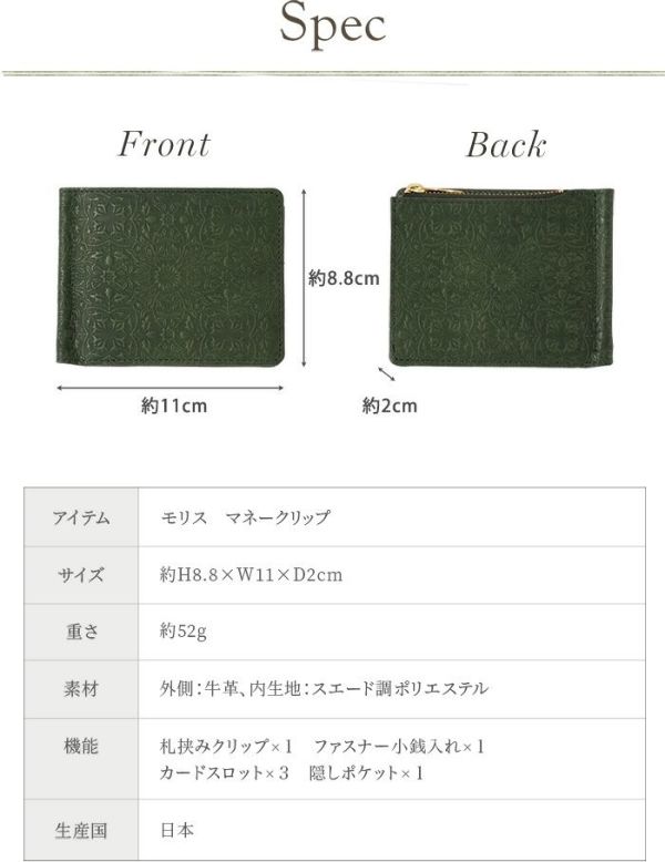 ウィリアムモリスの美しい型押しがおしゃれな本革マネークリップ